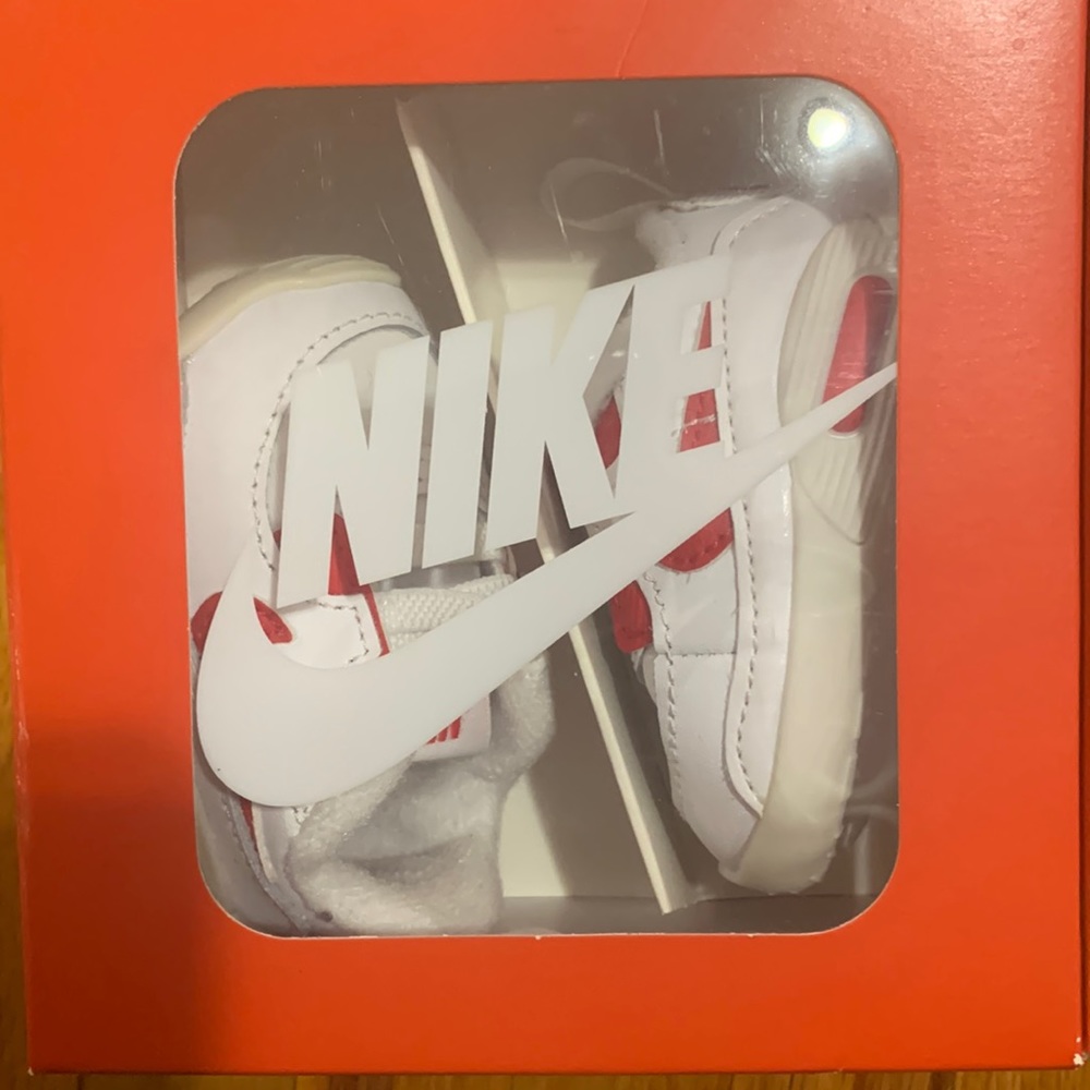 Red and white Nike Max 90 Crib booties